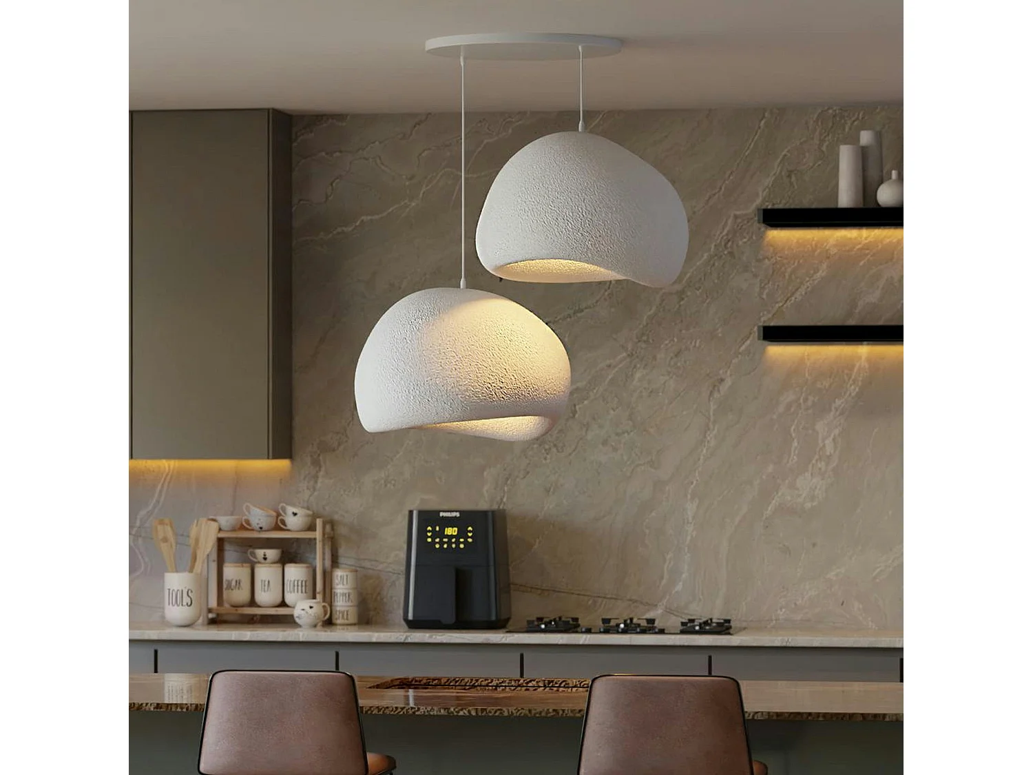 Suspension design blanche 2 abat-jour wabi-sabi 42 cm NOXIS