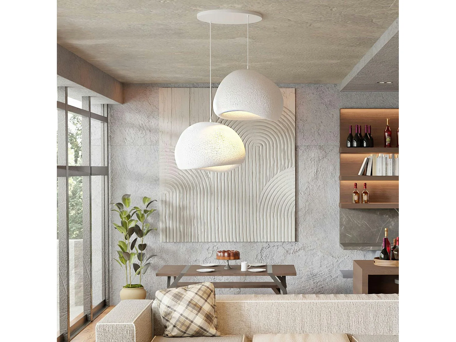 Suspension design blanche 2 abat-jour wabi-sabi 42 cm NOXIS