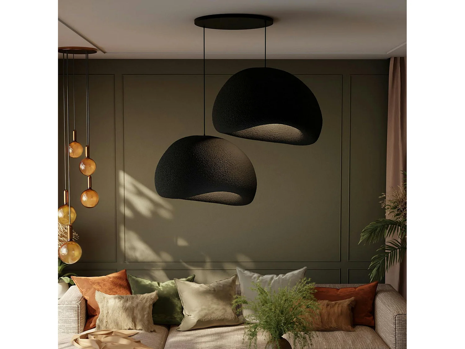 Suspension noire design 2 abat-jour organiques 85 cm NOXIS