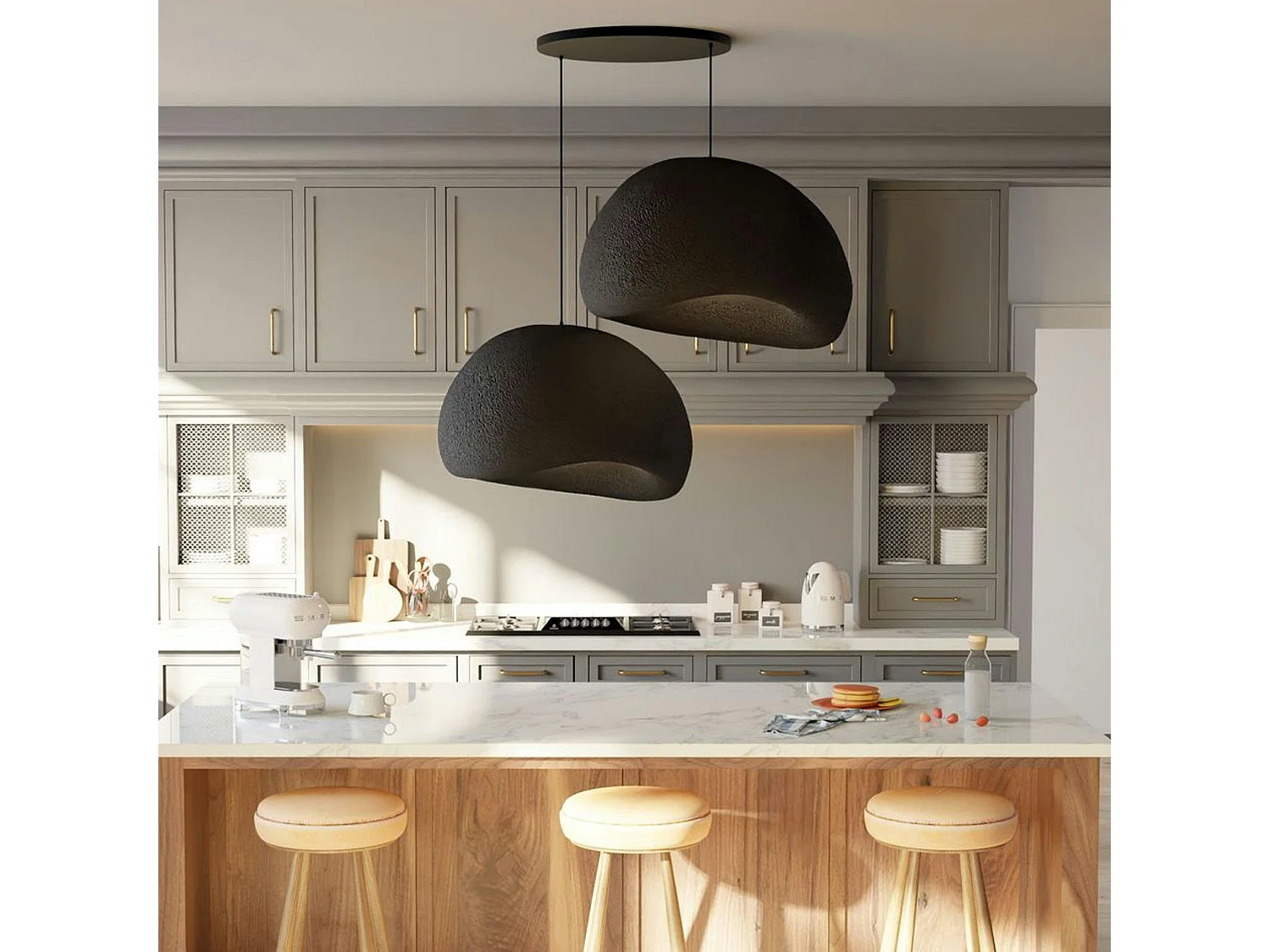 Suspension noire design 2 abat-jour organiques 85 cm NOXIS