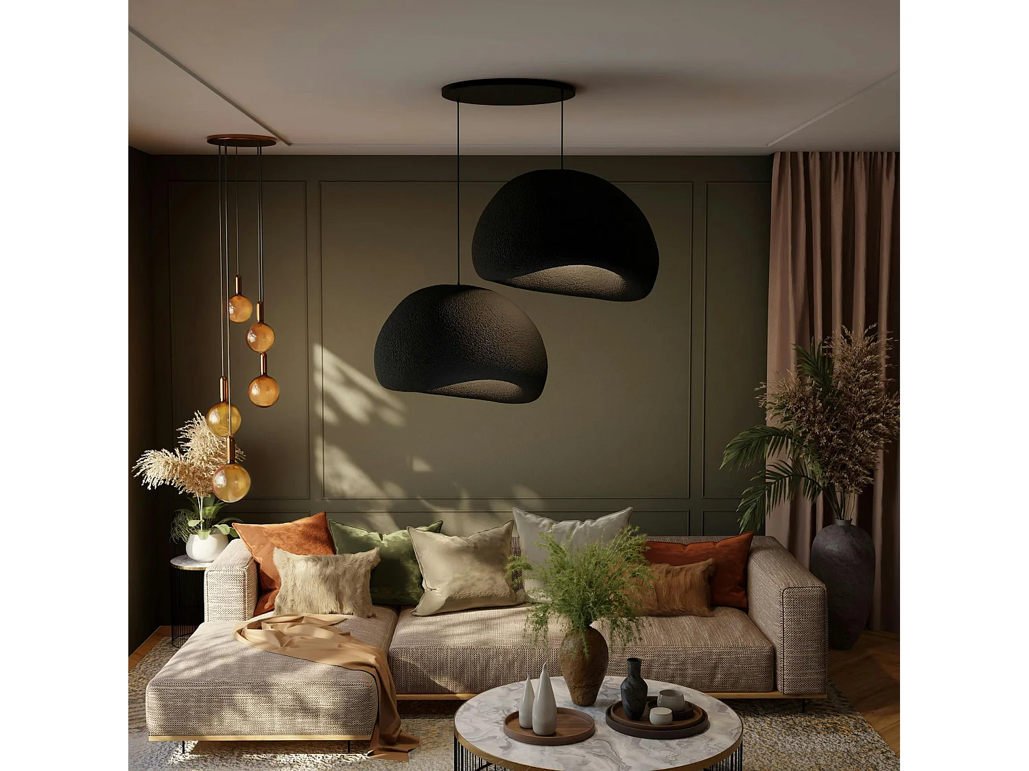 Suspension noire design 2 abat-jour organiques 85 cm NOXIS