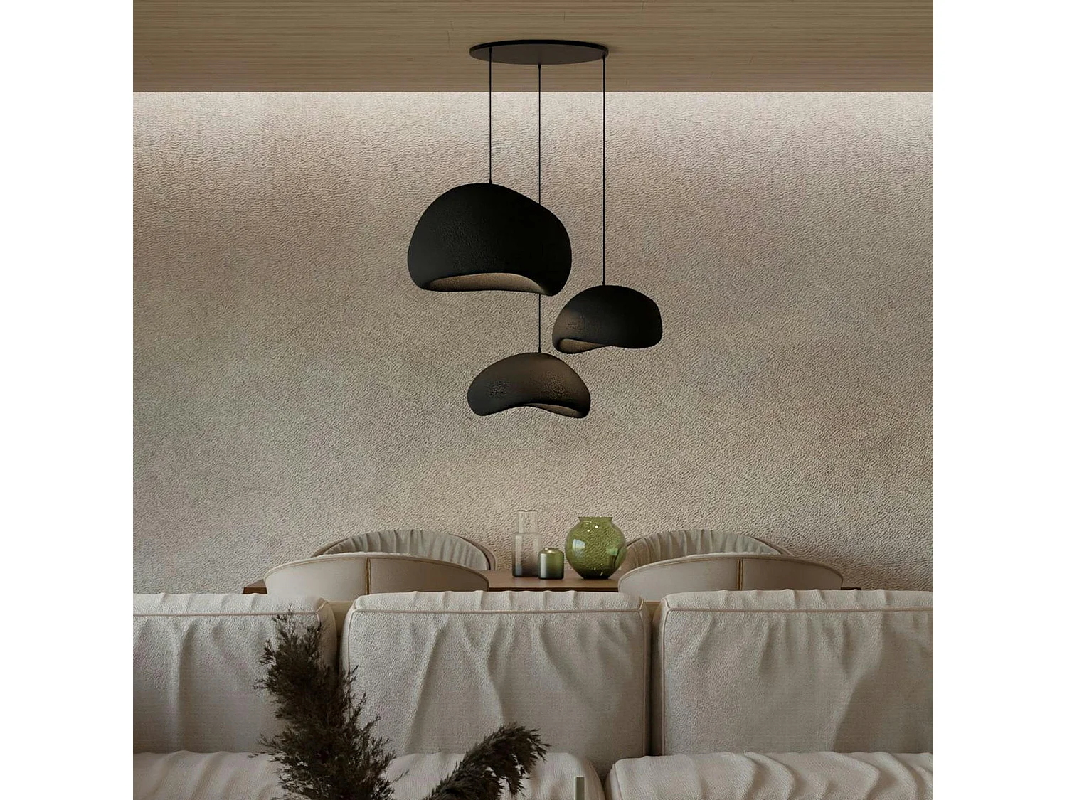 Suspension design noire 3 abat-jour style wabi-sabi 42 cm NOXIS