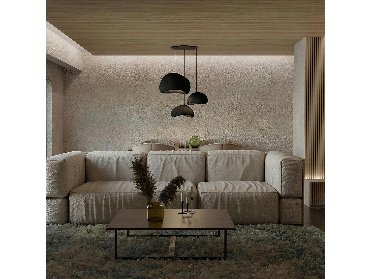 Suspension design noire 3 abat-jour style wabi-sabi 42 cm NOXIS