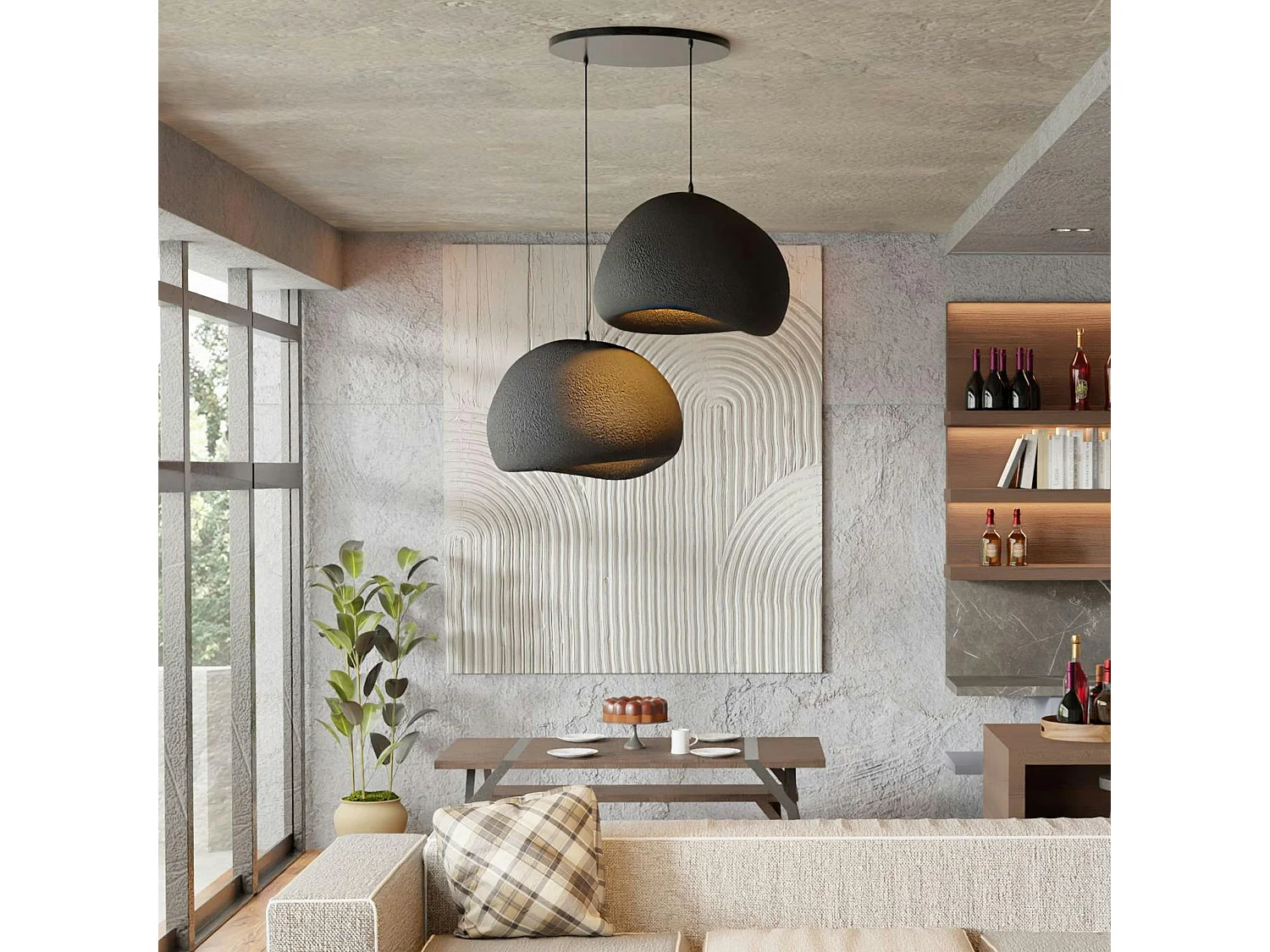 Suspension design noire 2 abat-jour wabi-sabi 42 cm NOXIS