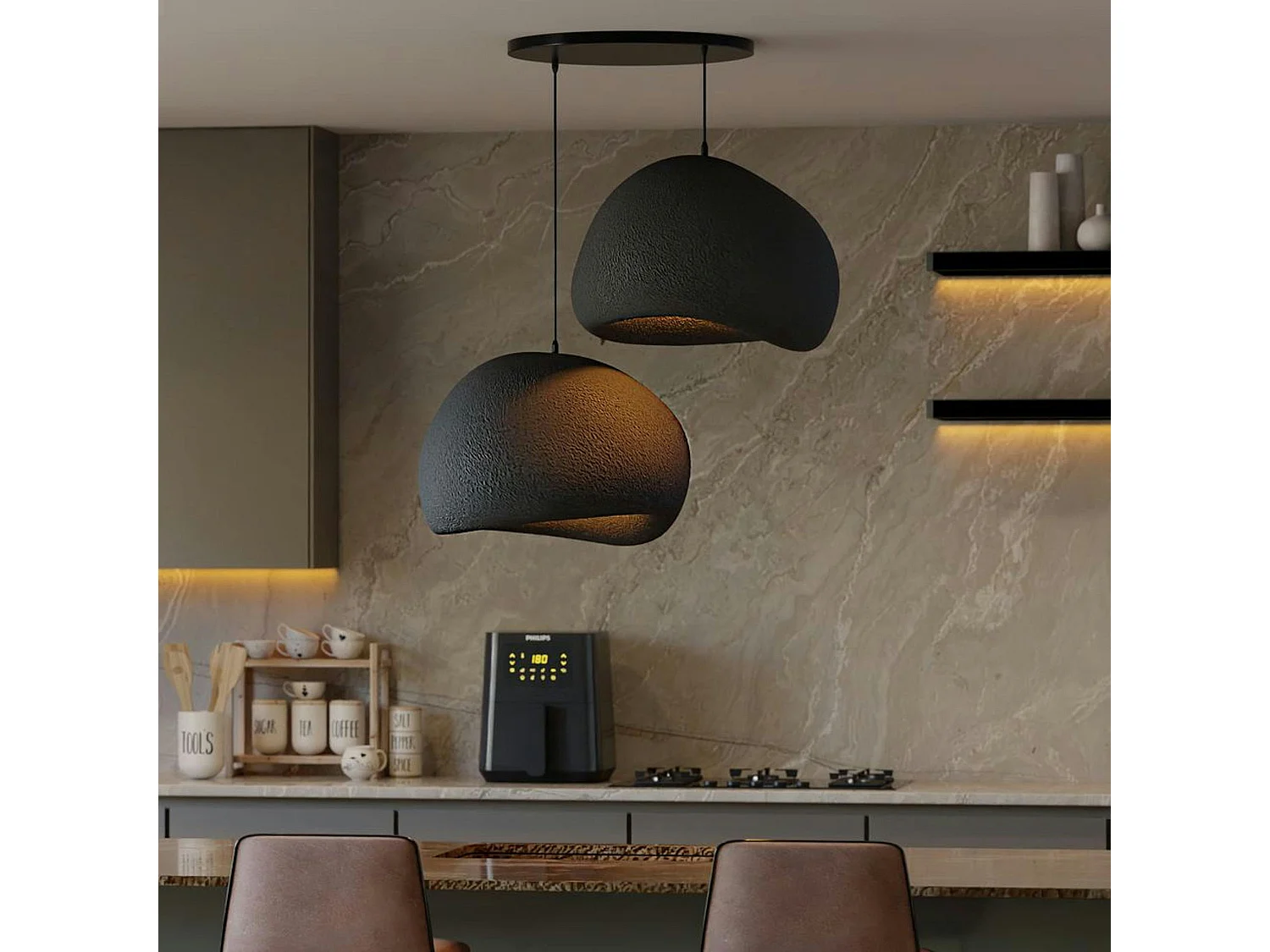 Suspension design noire 2 abat-jour wabi-sabi 42 cm NOXIS