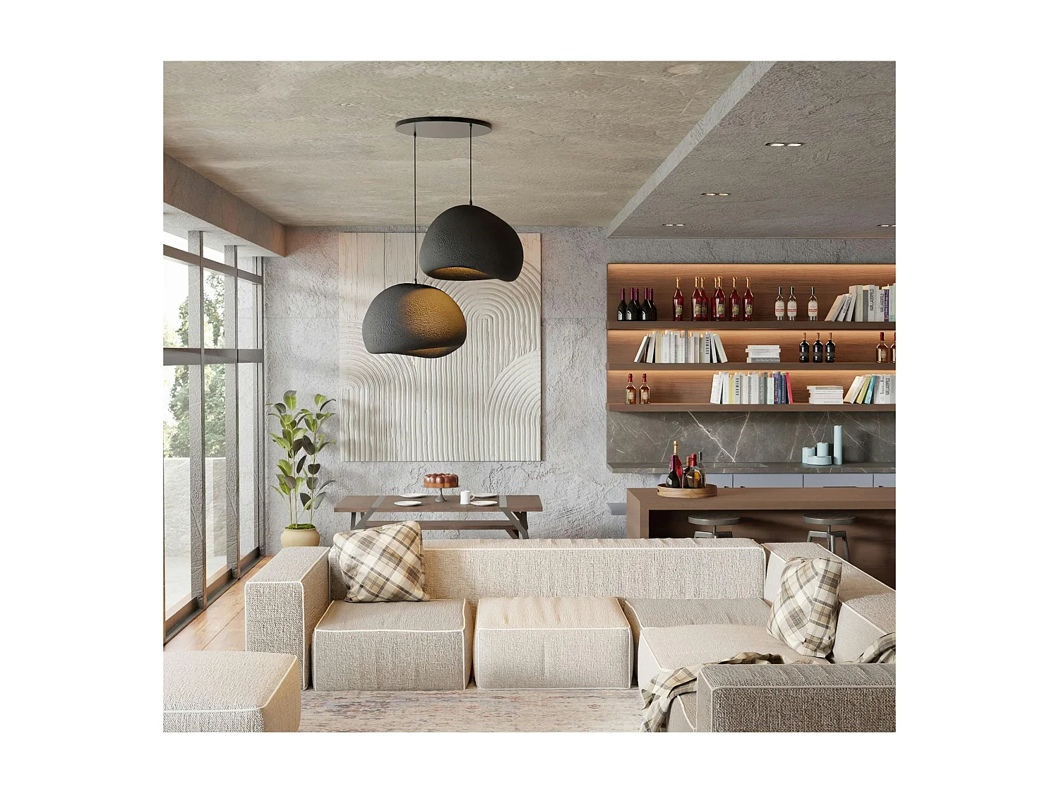 Suspension design noire 2 abat-jour wabi-sabi 42 cm NOXIS