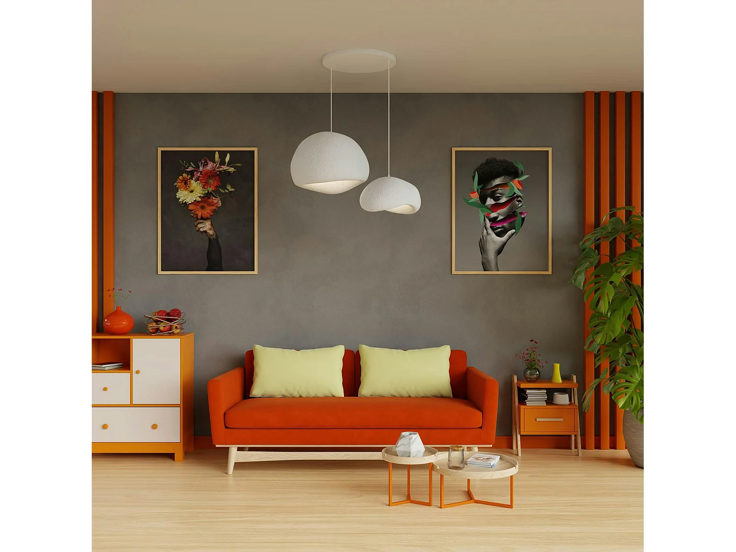 Suspension design blanche 2 abat-jour wabi-sabi 75 cm NOXIS