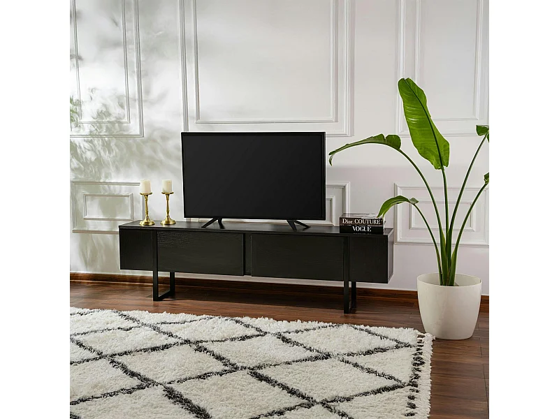 Meuble TV noir avec rangement - effet bois, pieds noirs JENA