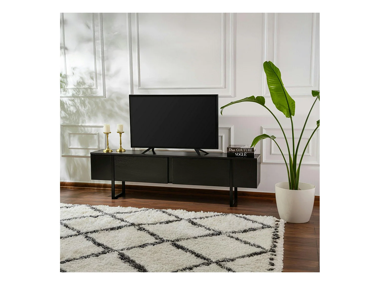 Meuble TV noir avec rangement - effet bois, pieds noirs JENA