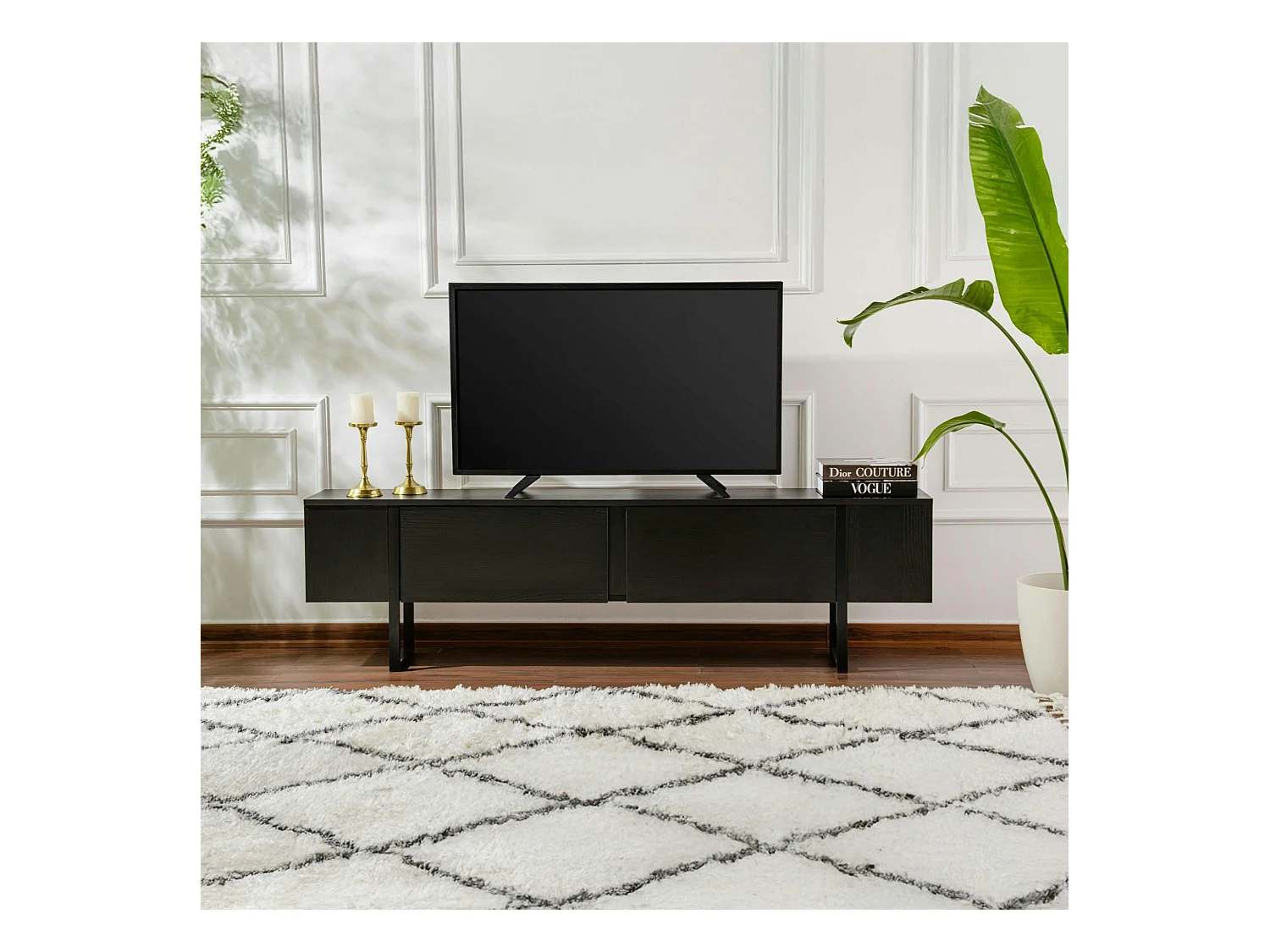 Meuble TV noir avec rangement - effet bois, pieds noirs JENA