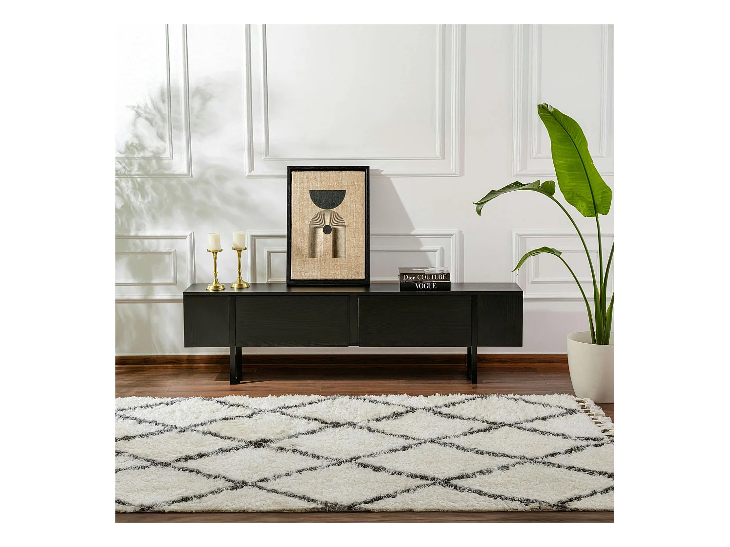 Meuble TV noir avec rangement - effet bois, pieds noirs JENA