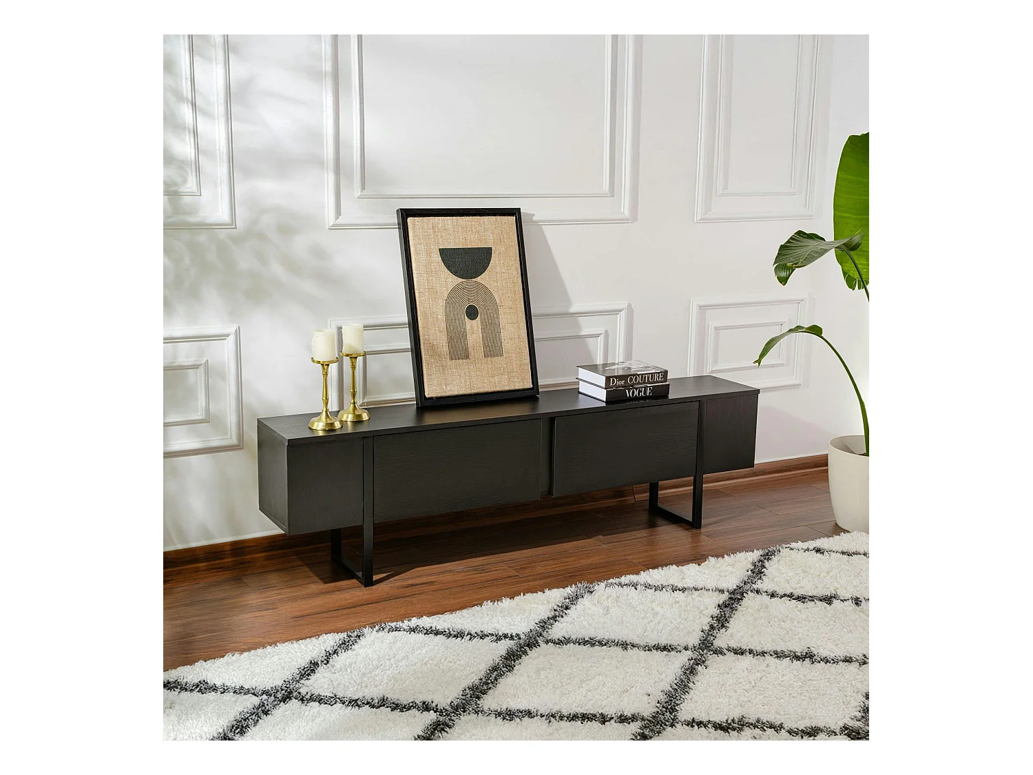 Meuble TV noir avec rangement - effet bois, pieds noirs JENA