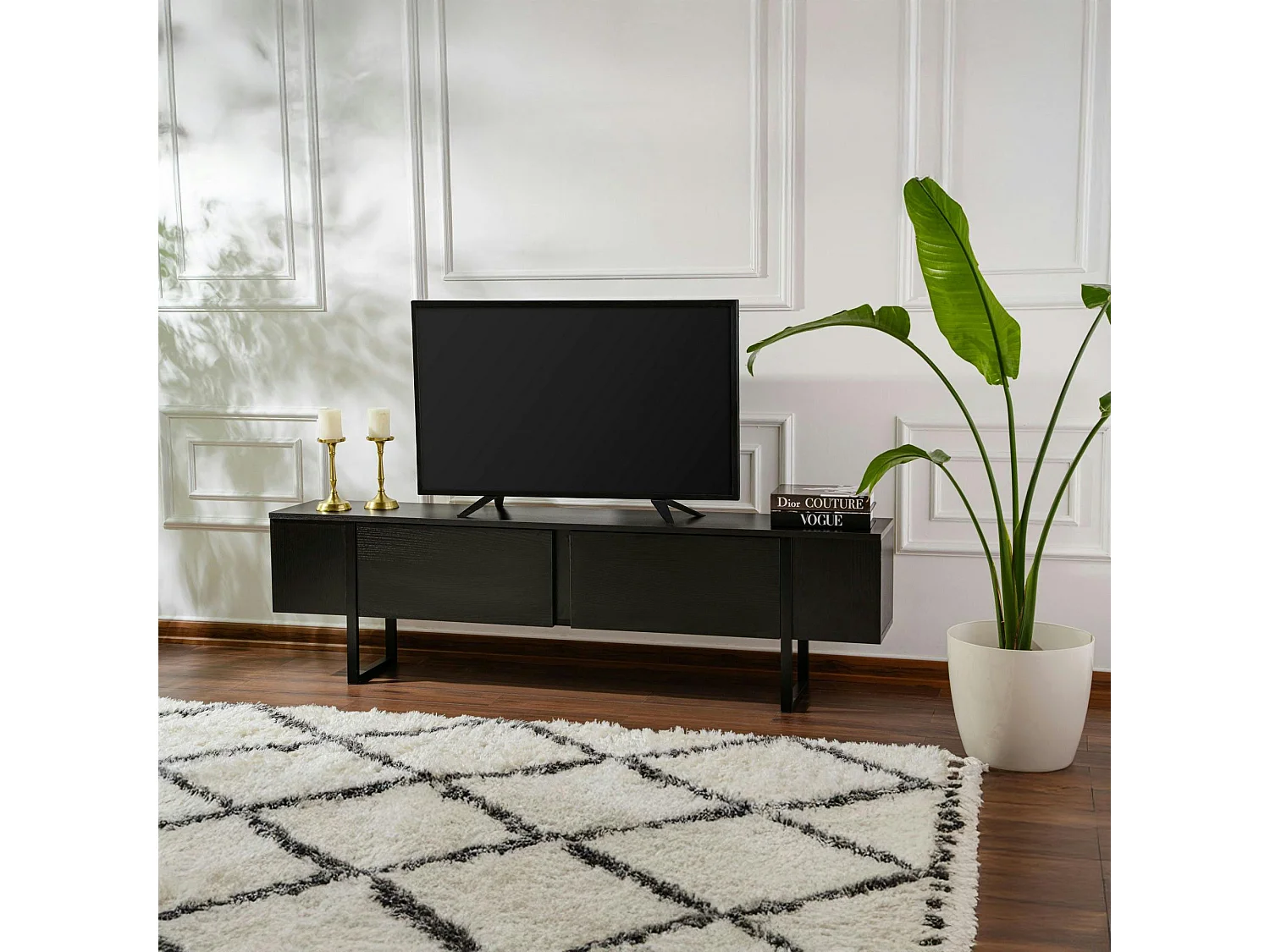 Meuble TV noir avec rangement - effet bois, pieds noirs JENA