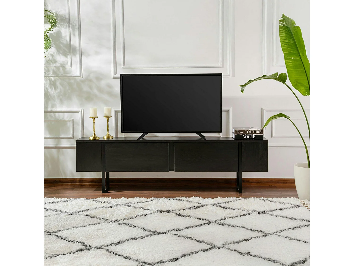 Meuble TV noir avec rangement - effet bois, pieds noirs JENA