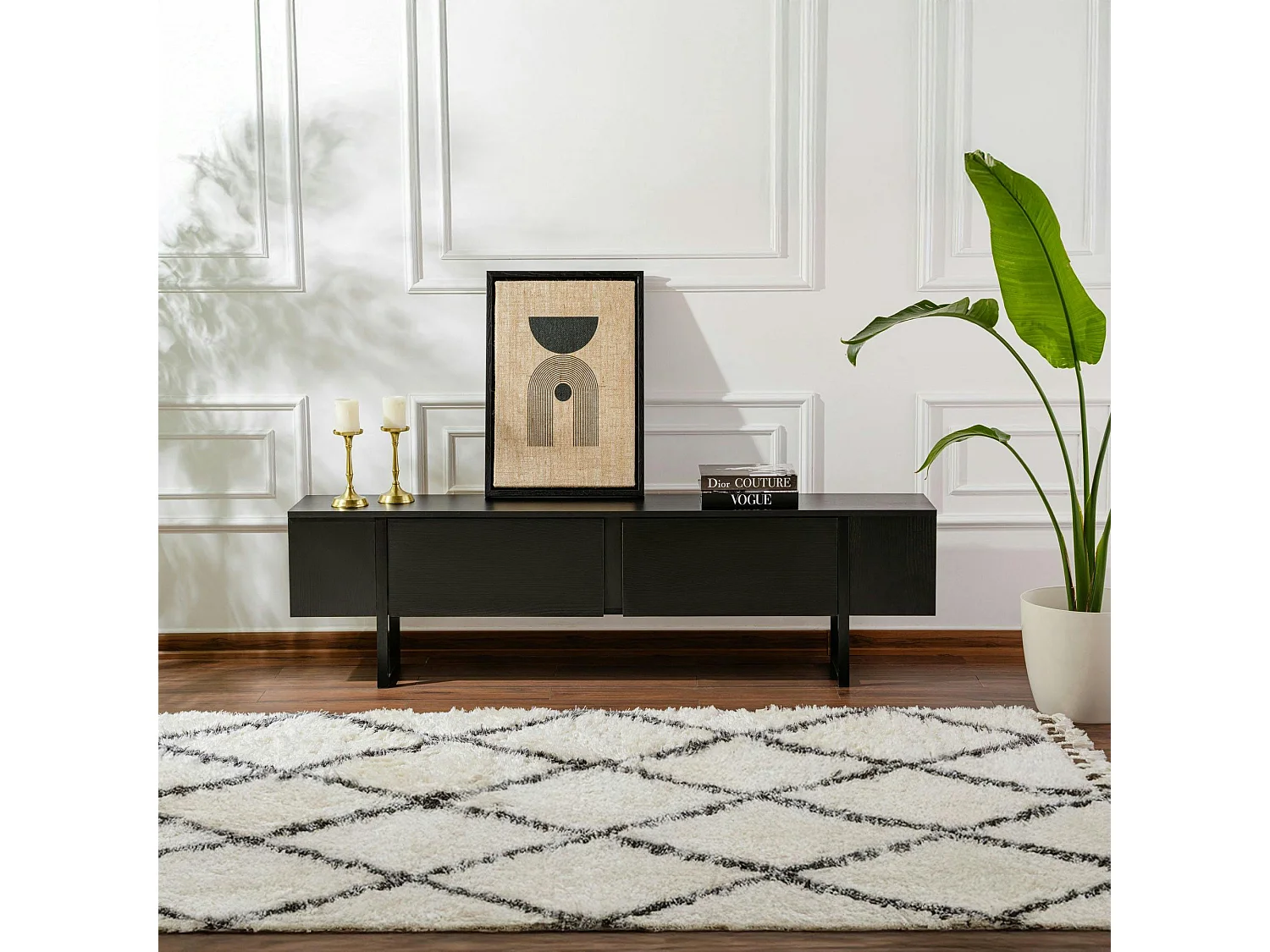 Meuble TV noir avec rangement - effet bois, pieds noirs JENA