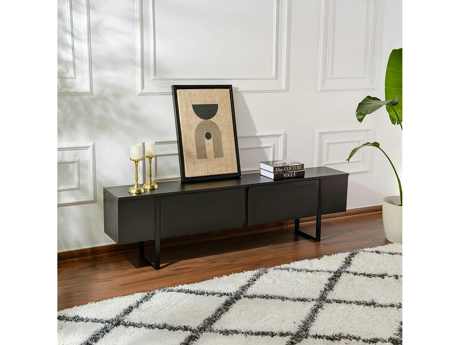 Meuble TV noir avec rangement - effet bois, pieds noirs JENA