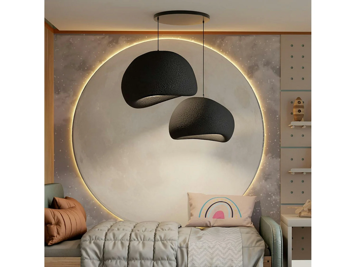 Suspension design noire 2 abat-jour organiques H.32 cm NOXIS