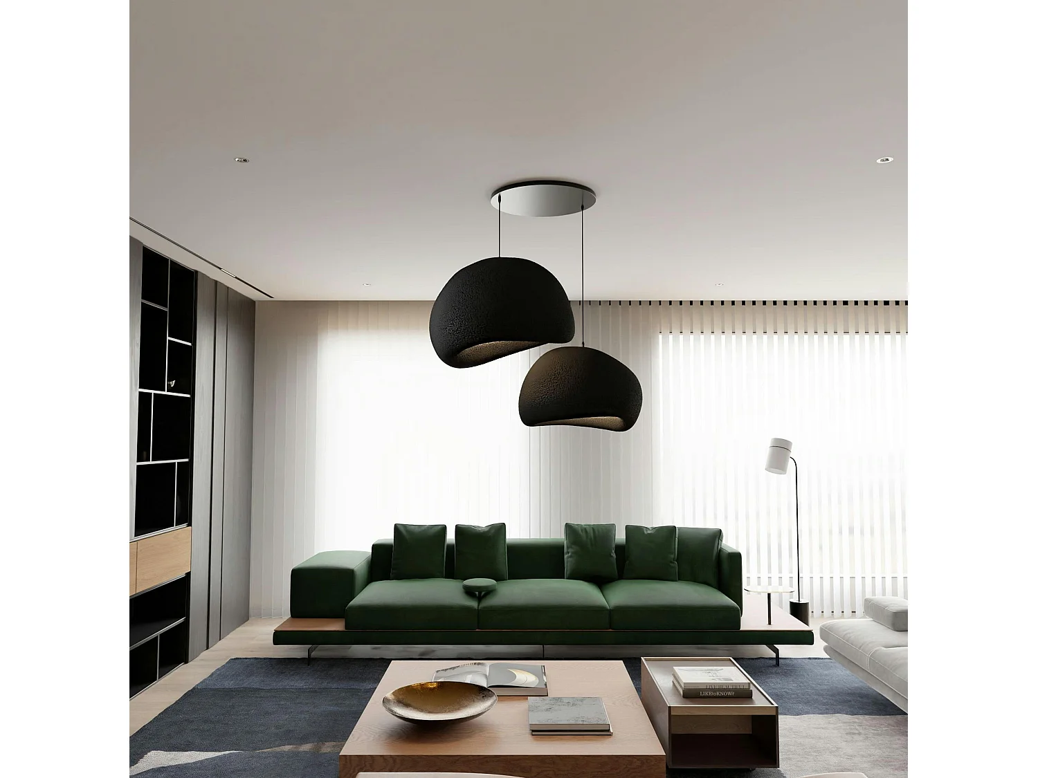 Suspension design noire 2 abat-jour organiques H.32 cm NOXIS