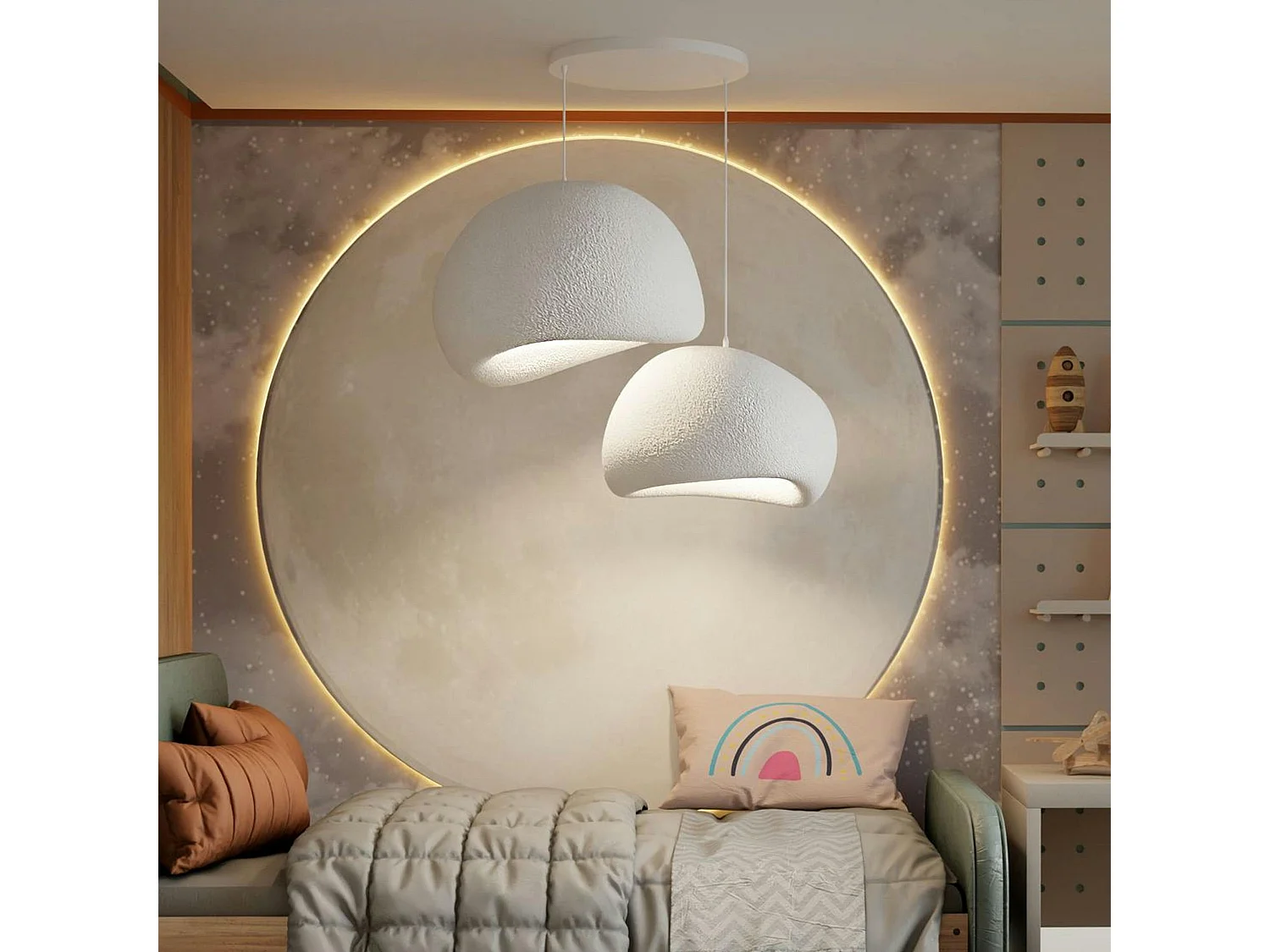 Suspension design blanche 2 abat-jour organiques H.32 cm NOXIS