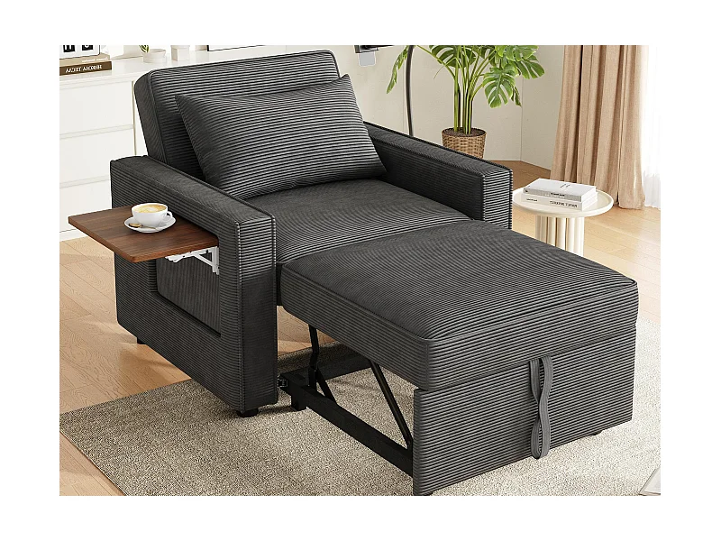 Sofá dobrável multifuncional - com portas de carregamento USB - com suporte para telefone - Tecido de veludo cotelê - Cinza