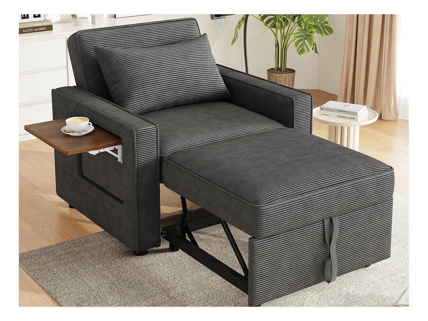 Canapé pliant multifonction - avec ports de charge USB - avec support pour téléphone - Tissu velours côtelé - Gris