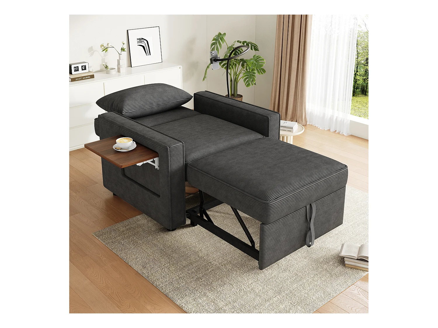 Canapé pliant multifonction - avec ports de charge USB - avec support pour téléphone - Tissu velours côtelé - Gris