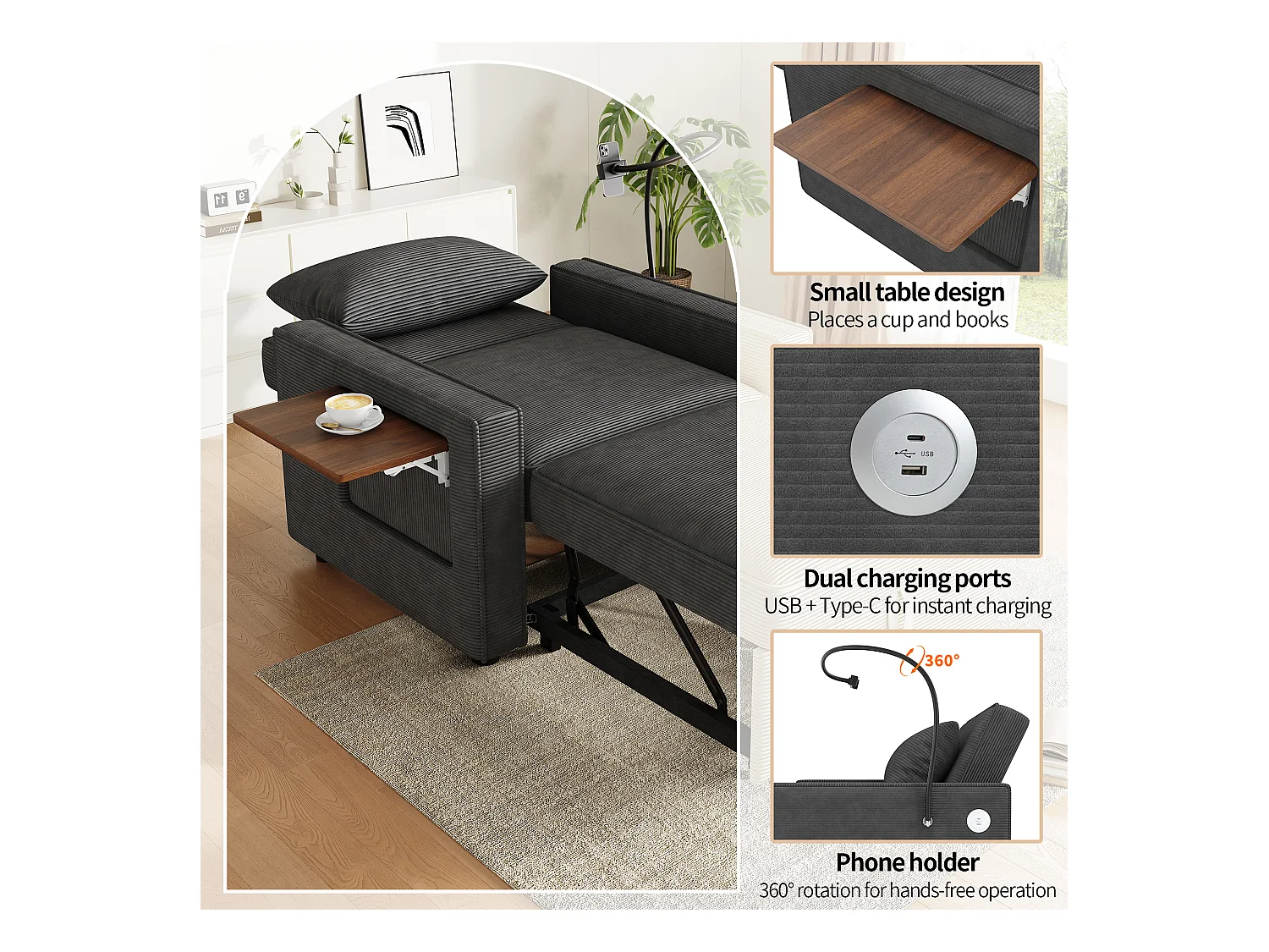 Canapé pliant multifonction - avec ports de charge USB - avec support pour téléphone - Tissu velours côtelé - Gris