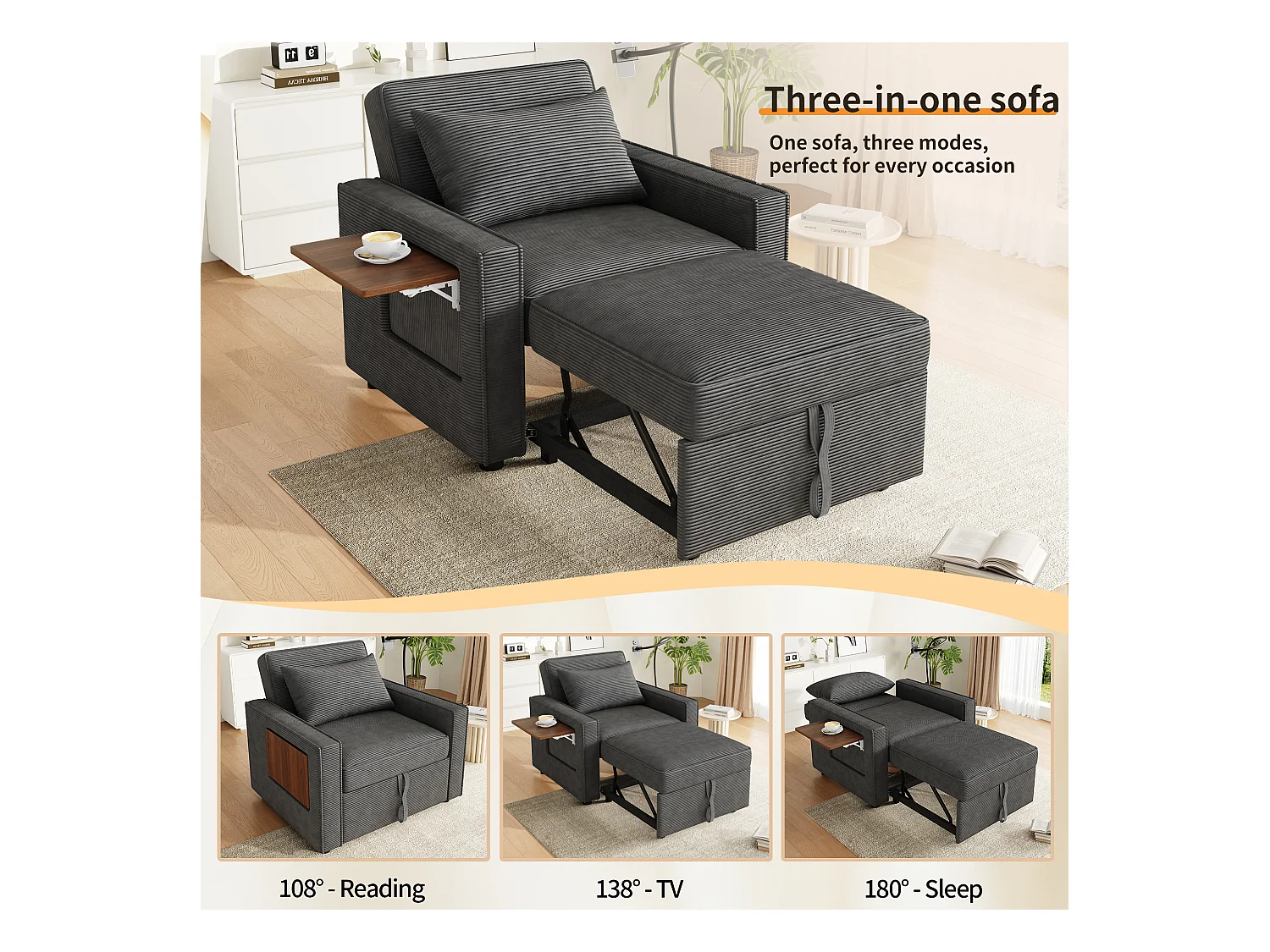 Canapé pliant multifonction - avec ports de charge USB - avec support pour téléphone - Tissu velours côtelé - Gris