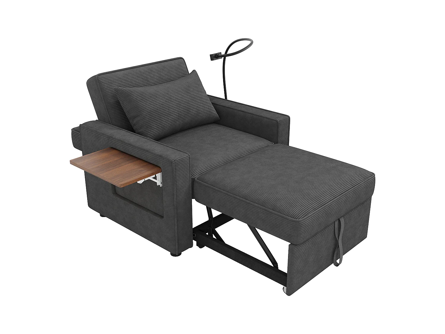 Canapé pliant multifonction - avec ports de charge USB - avec support pour téléphone - Tissu velours côtelé - Gris