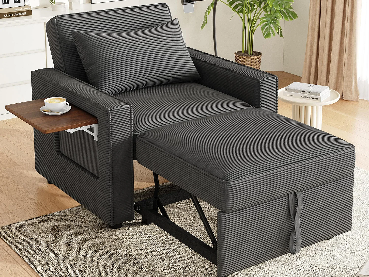 Canapé pliant multifonction - avec ports de charge USB - avec support pour téléphone - Tissu velours côtelé - Gris