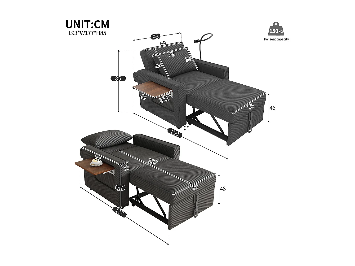 Canapé pliant multifonction - avec ports de charge USB - avec support pour téléphone - Tissu velours côtelé - Gris