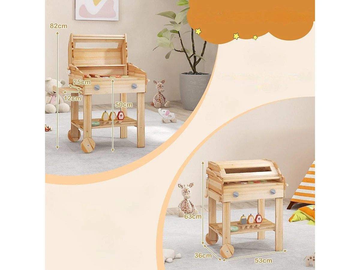 Griglia da gioco in legno con vassoio e supporto per riporre, Set da cucina immaginaria con cibo da gioco Naturale