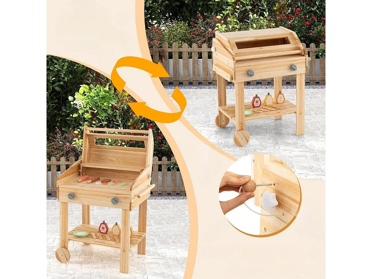 Griglia da gioco in legno con vassoio e supporto per riporre, Set da cucina immaginaria con cibo da gioco Naturale