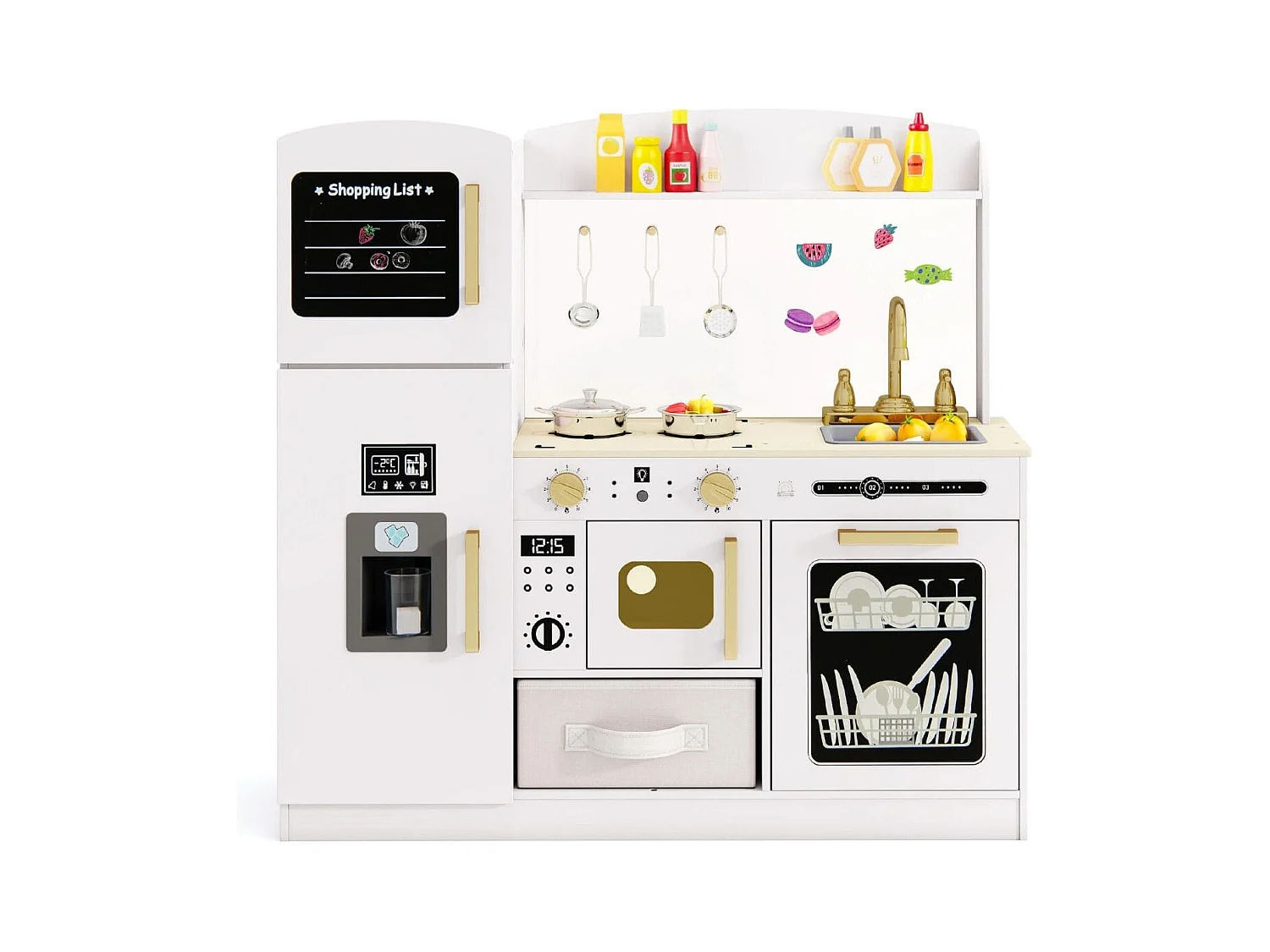 Kinderküche mit Zubehör Spielküche mit Schreibtafel Eismaschine Spüle Spielzeugküche Weiß