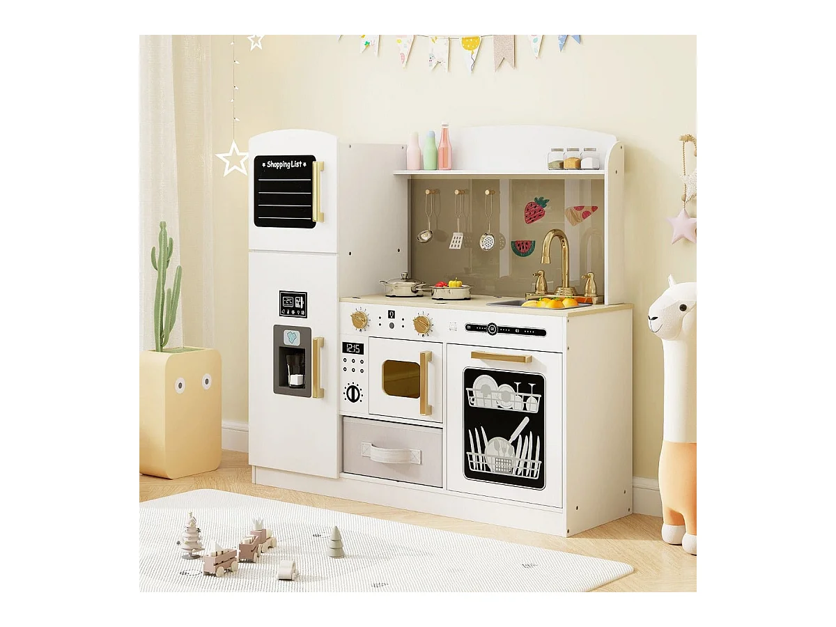 Kinderküche mit Zubehör Spielküche mit Schreibtafel Eismaschine Spüle Spielzeugküche Weiß