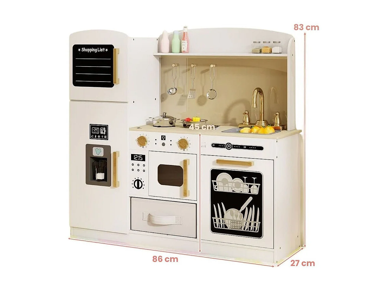 Cuisine de Jeu avec Tableau Noir Fabricant de Glace Évier Tiroir en Tissu et Lave-Vaisselle Cuisine en Bois avec Micro-ondes Lumineux Blanc