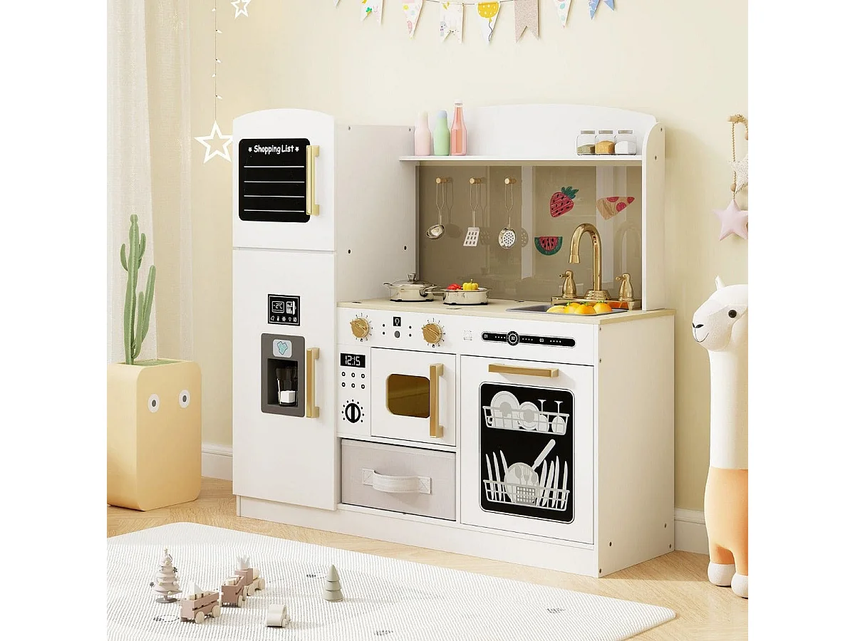 Cuisine de Jeu avec Tableau Noir Fabricant de Glace Évier Tiroir en Tissu et Lave-Vaisselle Cuisine en Bois avec Micro-ondes Lumineux Blanc