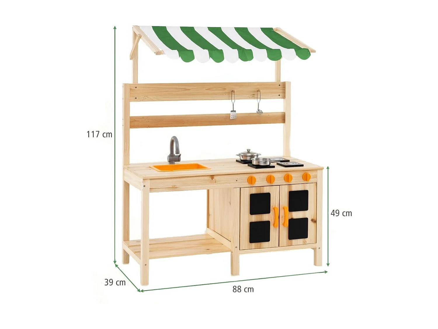 Cucina da gioco in legno di abete con telo protettivo, Set da gioco per bambini con lavello rimovibile Naturale