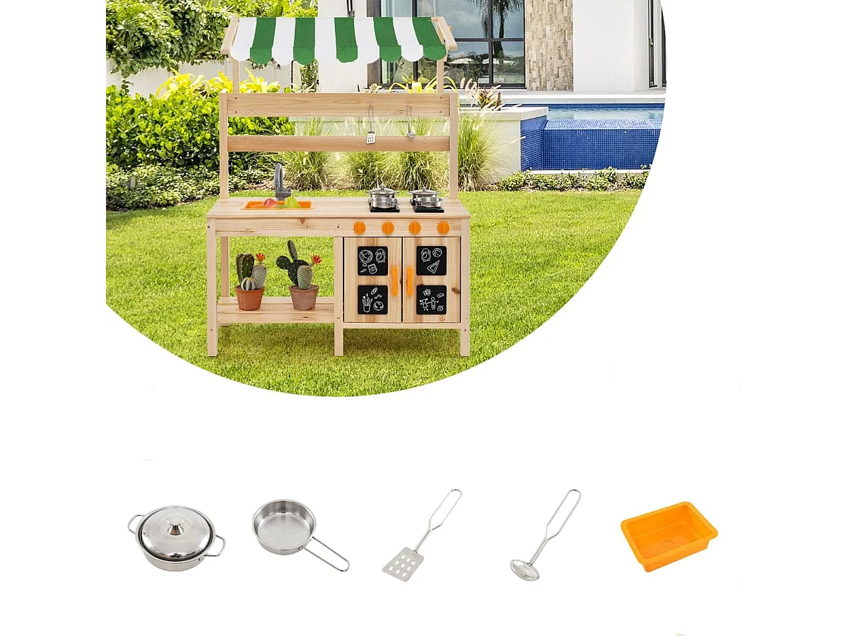 Cucina da gioco in legno di abete con telo protettivo, Set da gioco per bambini con lavello rimovibile Naturale