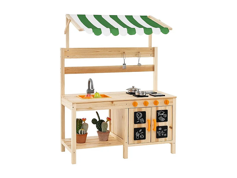 Cucina da gioco in legno di abete con telo protettivo, Set da gioco per bambini con lavello rimovibile Naturale
