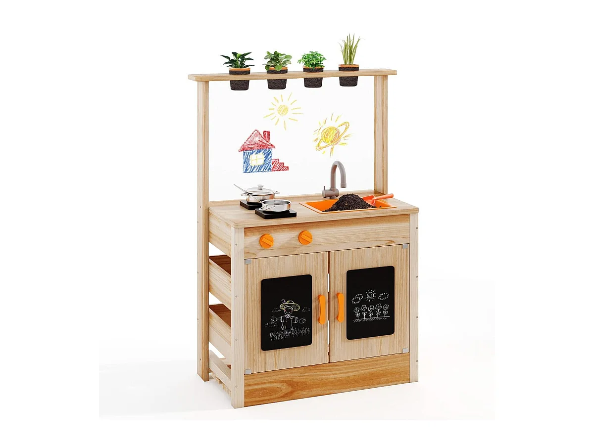 Kinder Mud Kitchen mit Pflanzentöpfen & Kochgeschirr & Herden Holz Spielküche Spielset