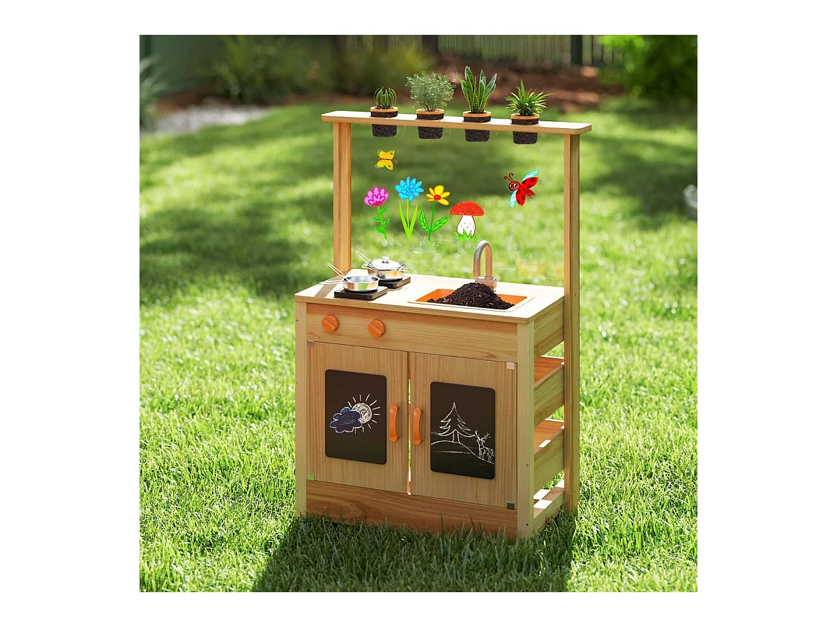 Kinder Mud Kitchen mit Pflanzentöpfen & Kochgeschirr & Herden Holz Spielküche Spielset