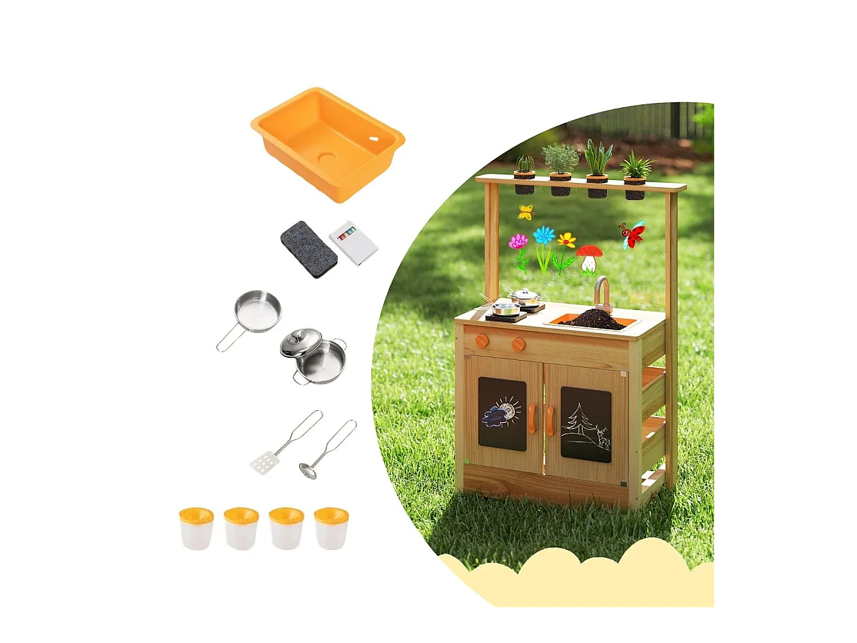 Kinder Mud Kitchen mit Pflanzentöpfen & Kochgeschirr & Herden Holz Spielküche Spielset