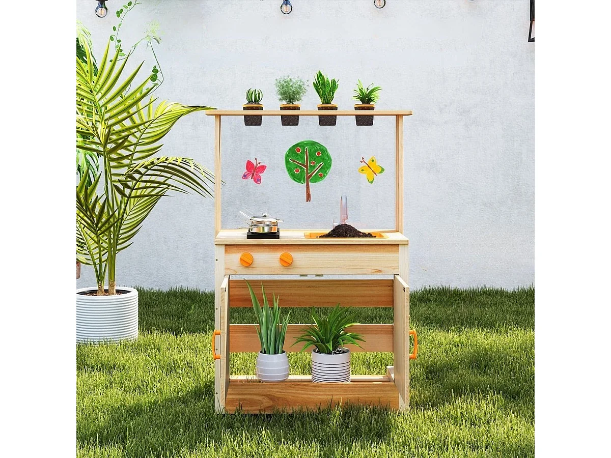 Kinder Mud Kitchen mit Pflanzentöpfen & Kochgeschirr & Herden Holz Spielküche Spielset
