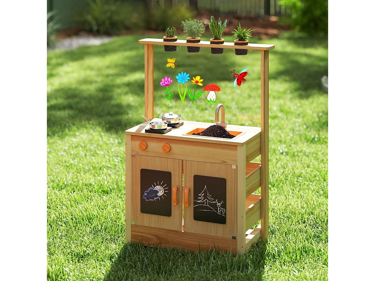 Cucina da giardino in legno con vasi da giardinaggio, Giocattolo con pentole e fornelli per bambini di 3+ anni Naturale