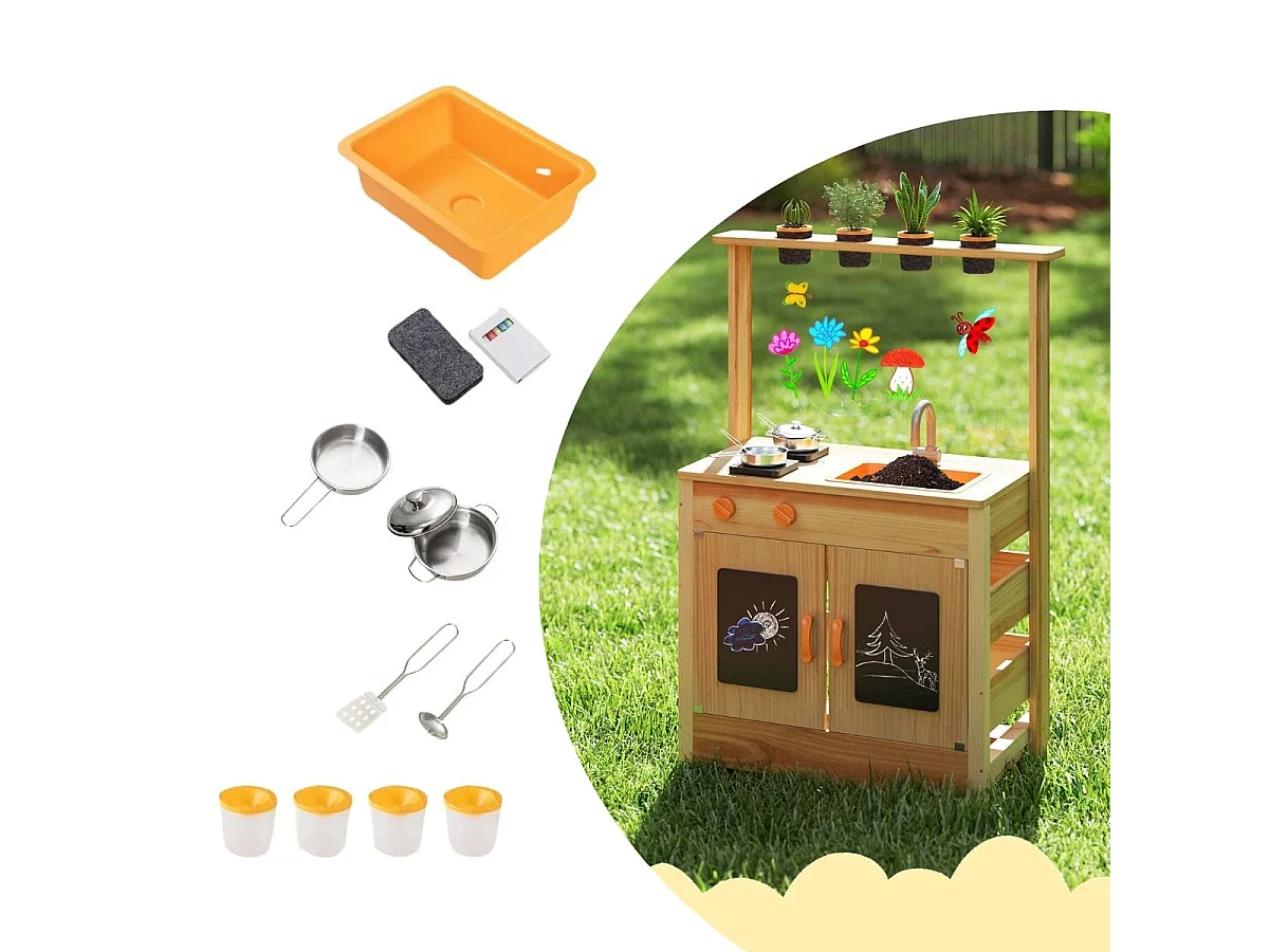 Cucina da giardino in legno con vasi da giardinaggio, Giocattolo con pentole e fornelli per bambini di 3+ anni Naturale