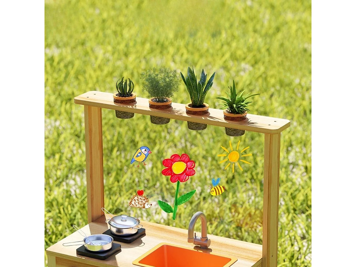 Cucina da giardino in legno con vasi da giardinaggio, Giocattolo con pentole e fornelli per bambini di 3+ anni Naturale