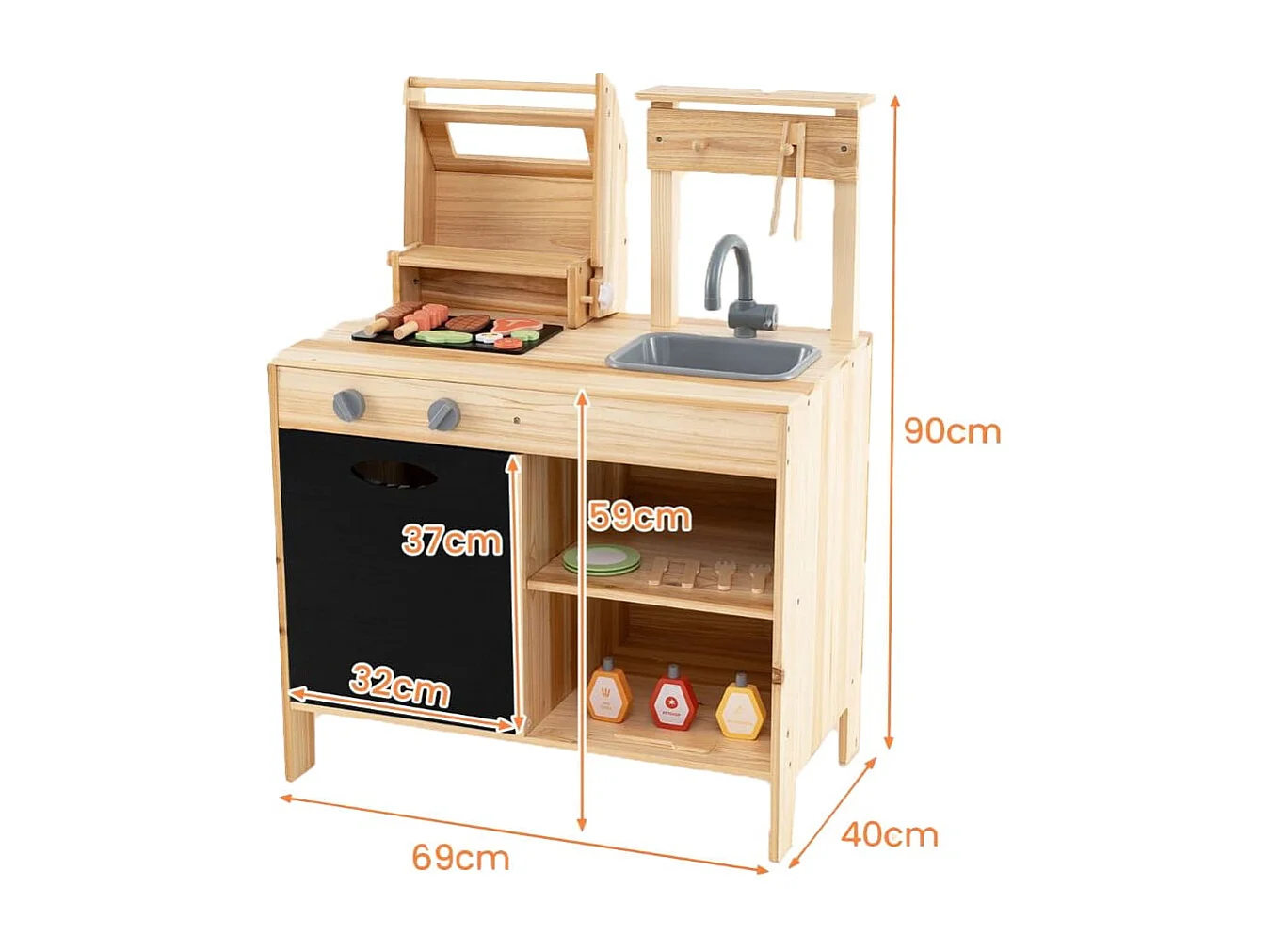 Griglia da gioco in legno con cibo da gioco, Set da cucina Immaginario con cibo da gioco Naturale