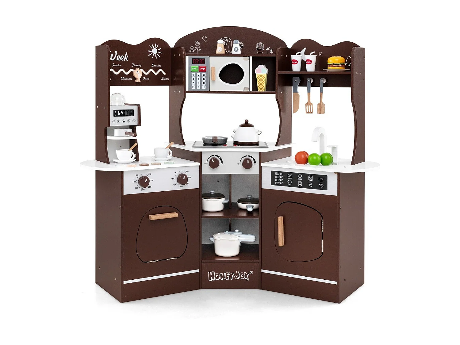 Cucina giocattolo angolare in legno con macchina del caffè, Set cucina con luci e suoni per Bambini 3+ Anni Marrone