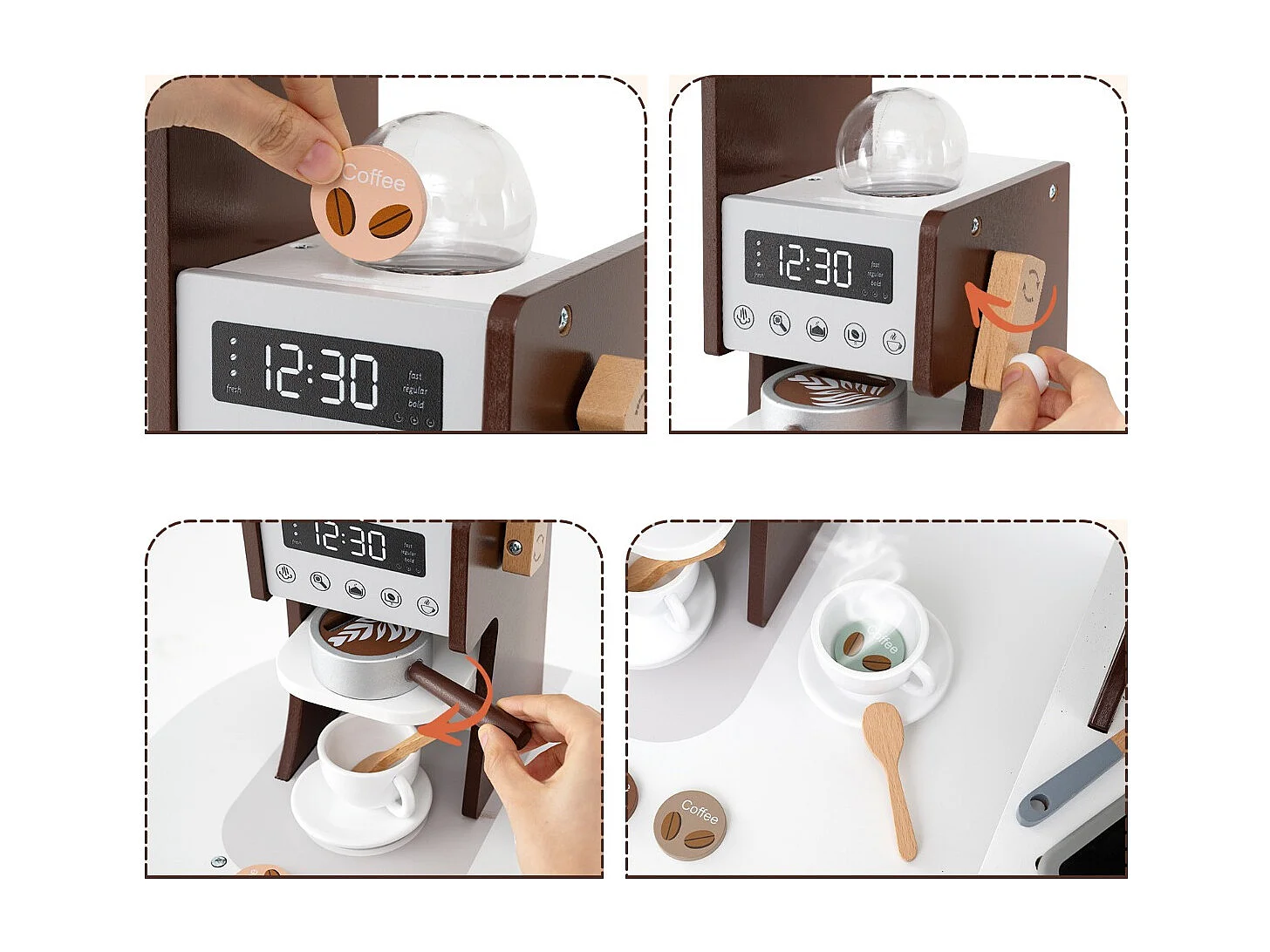 Cucina giocattolo angolare in legno con macchina del caffè, Set cucina con luci e suoni per Bambini 3+ Anni Marrone